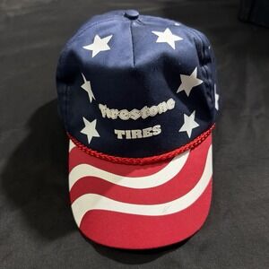 Vintage Firestone Tires Nissun Hat Stars and Stripes Patriotic Rope Trucker Cap